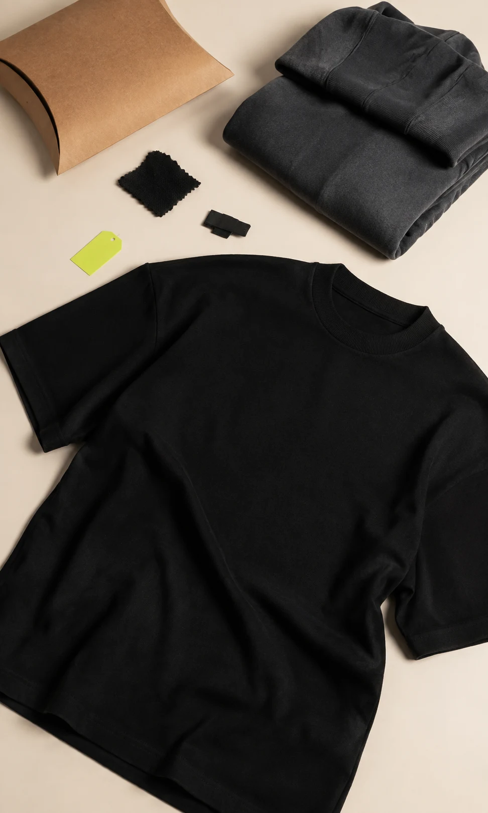 Чёрная футболка oversize, худи, образцы ткани и упаковка